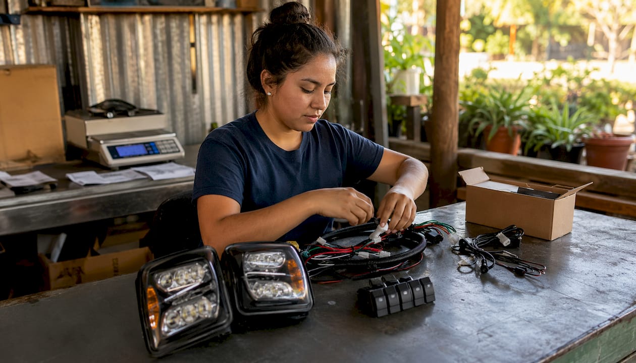Technician assembling golf cart parts bundles overhead view
