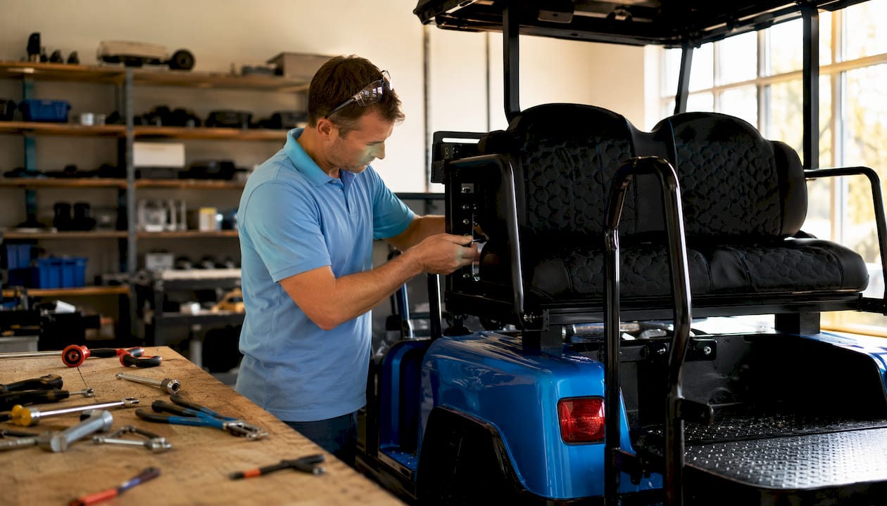 Technician inspecting custom golf cart seat kit