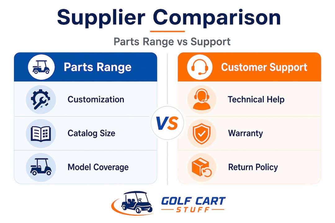 Infographic comparing golf cart parts suppliers on range and support