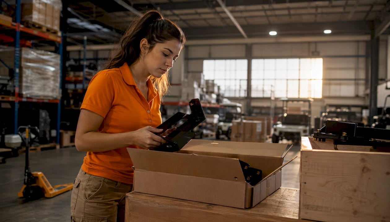 Woman inspecting golf cart parts in warehouse