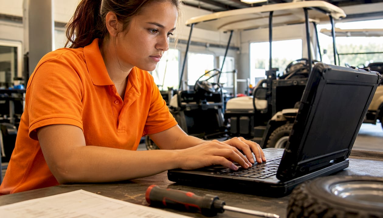Technician updating golf cart service records