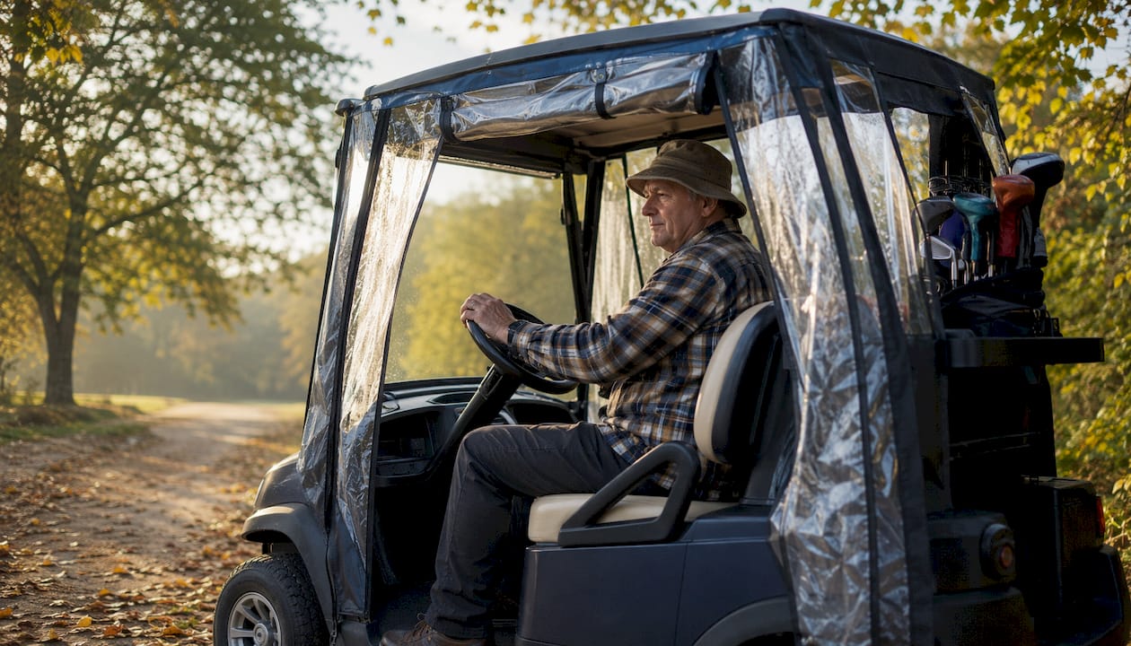 Man enjoying golf cart ride inside enclosure