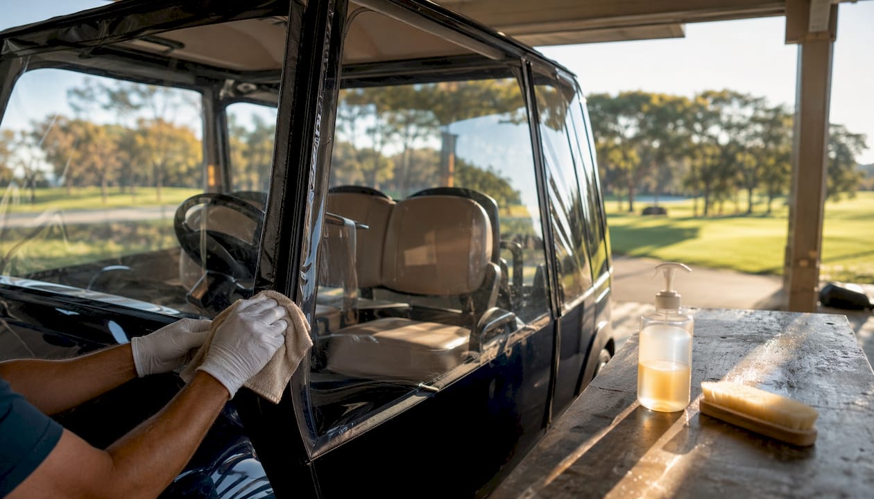 Hands cleaning golf cart enclosure fabric