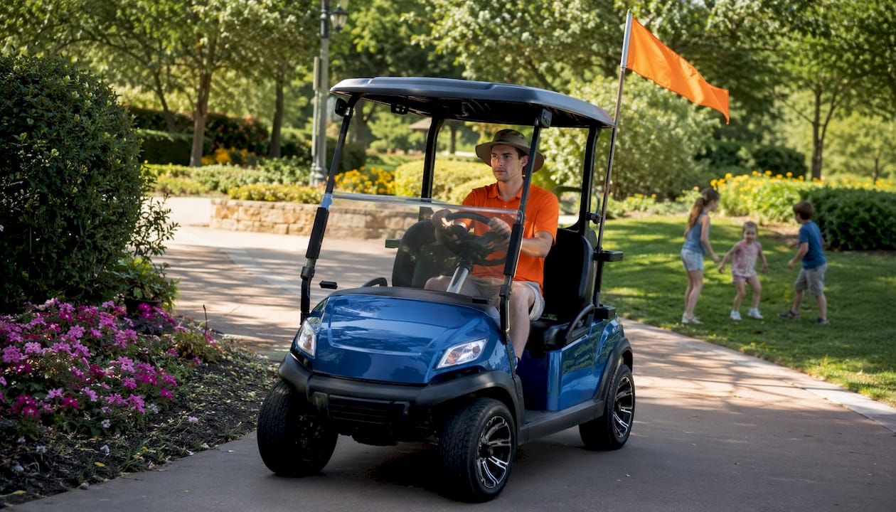 Young man driving golf cart safely outdoors