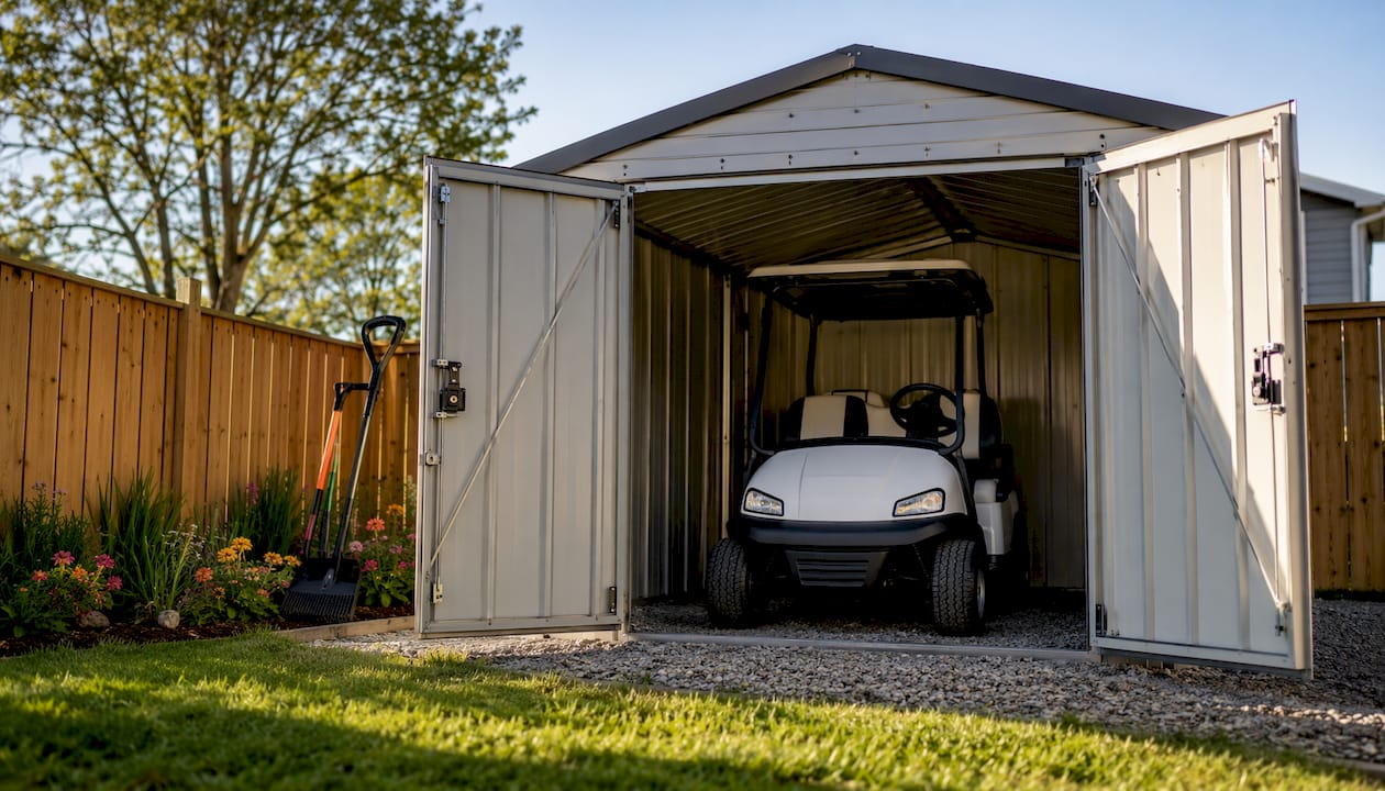 Golf cart parked in prefab metal shed outdoors
