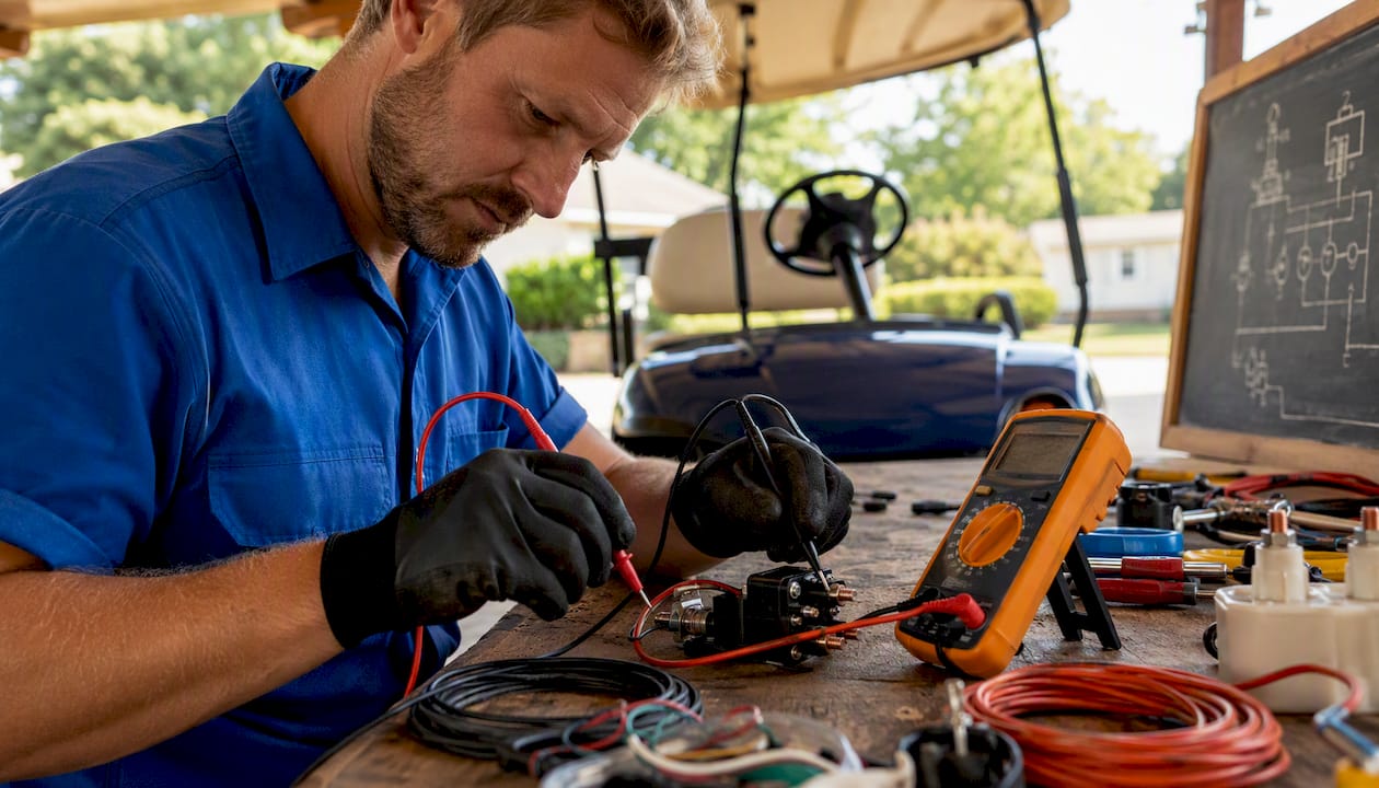 Electrician testing golf cart solenoid with multimeter