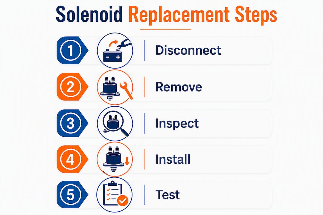 Infographic showing golf cart solenoid replacement steps