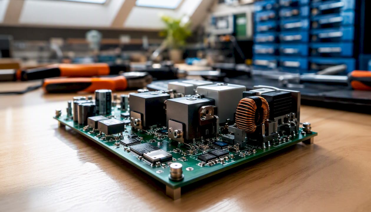 Close-up of switching DC-DC converter components on PCB