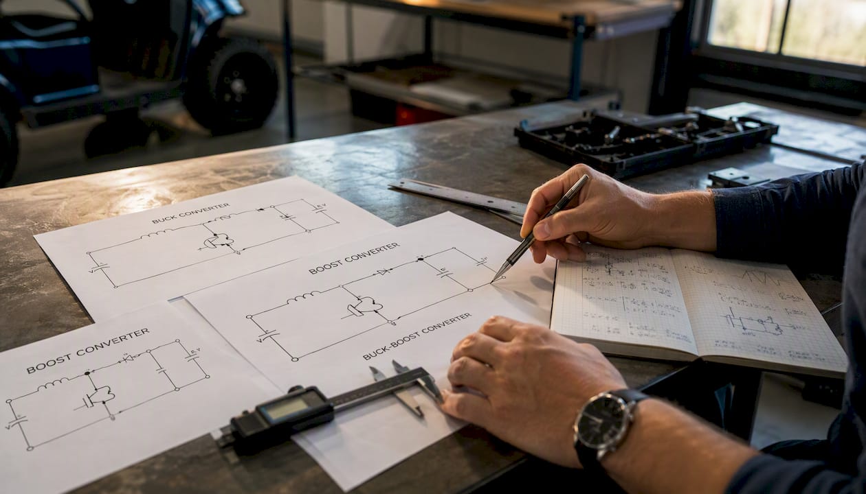 Hands pointing at DC-DC converter topology schematics on desk