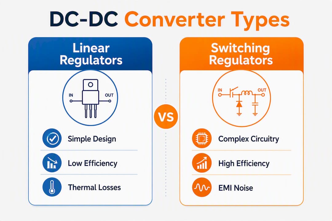 Infographic comparing linear and switching DC-DC converters
