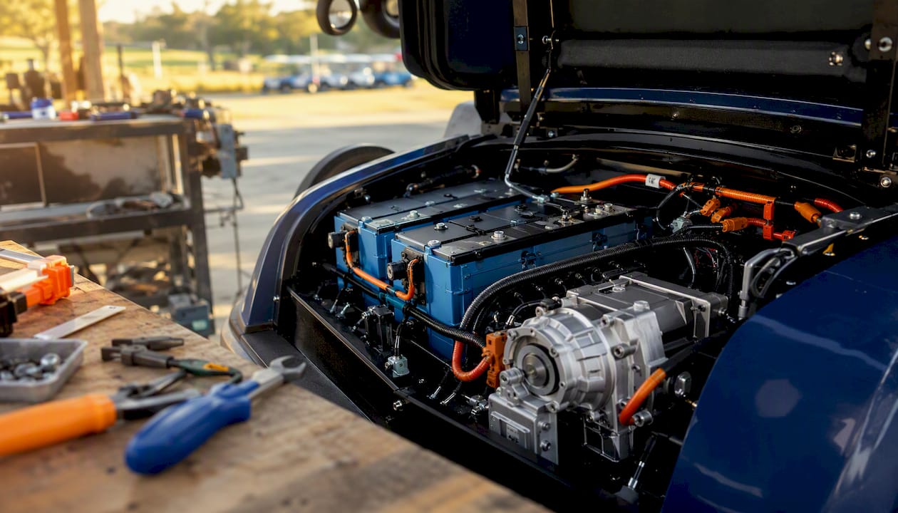 Golf cart battery compartment and motor parts during upgrade