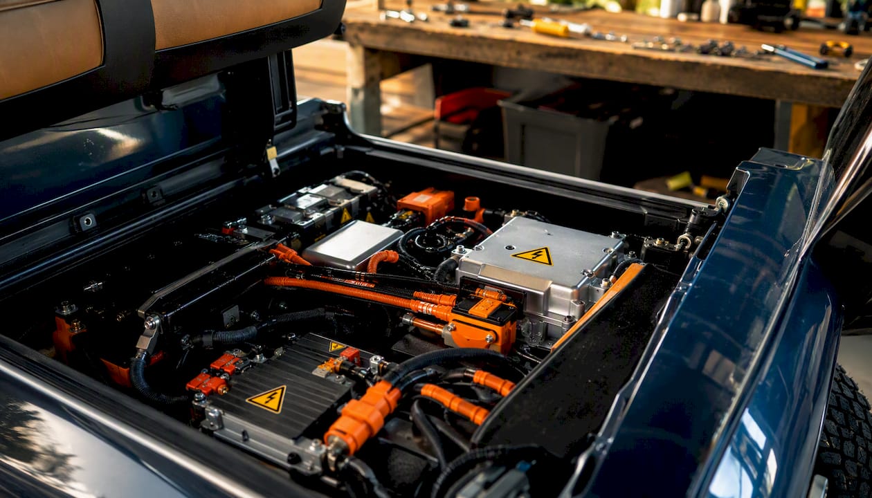 EV high-voltage battery compartment close-up