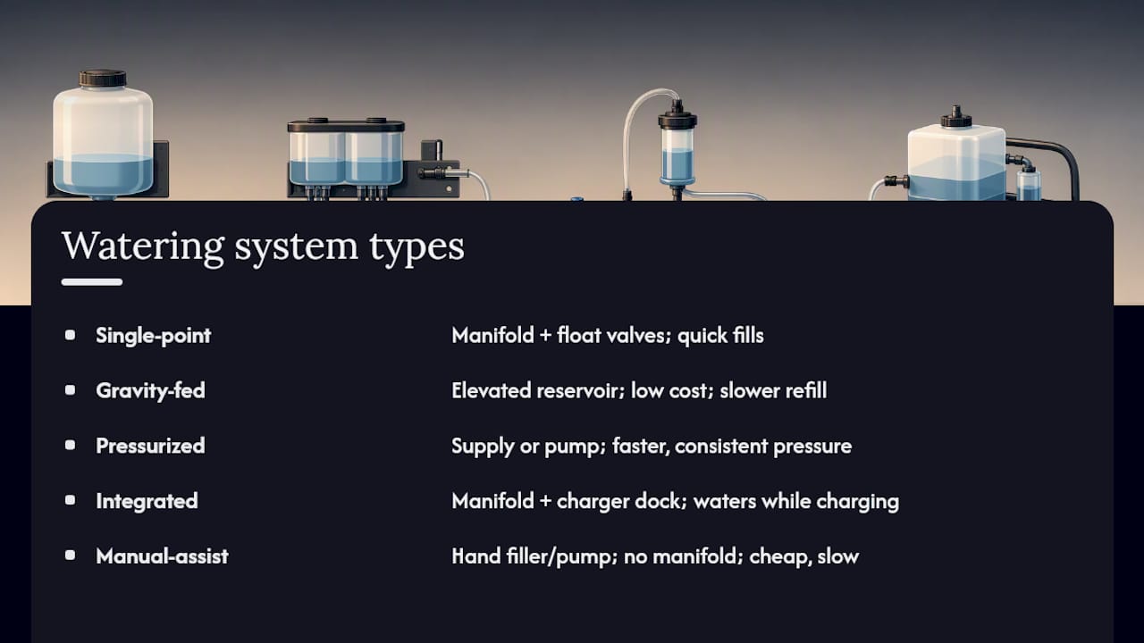 Diagram comparing battery watering system types