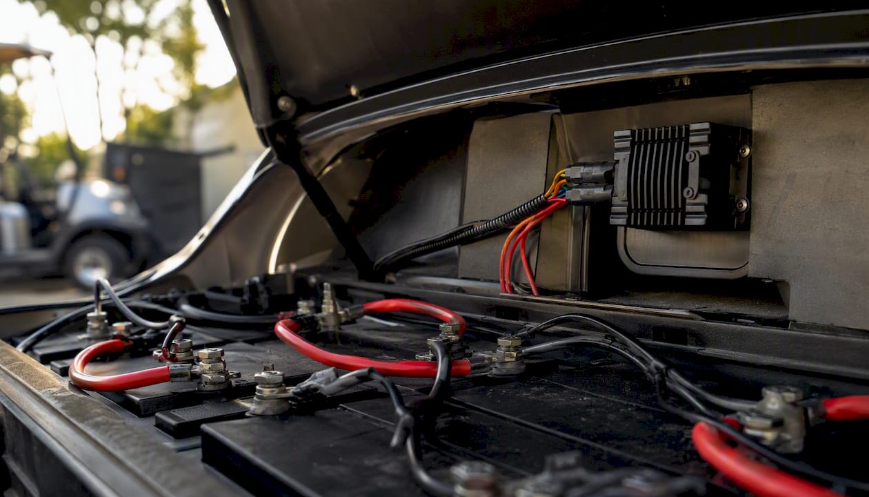 Golf cart battery compartment and voltage regulator wiring