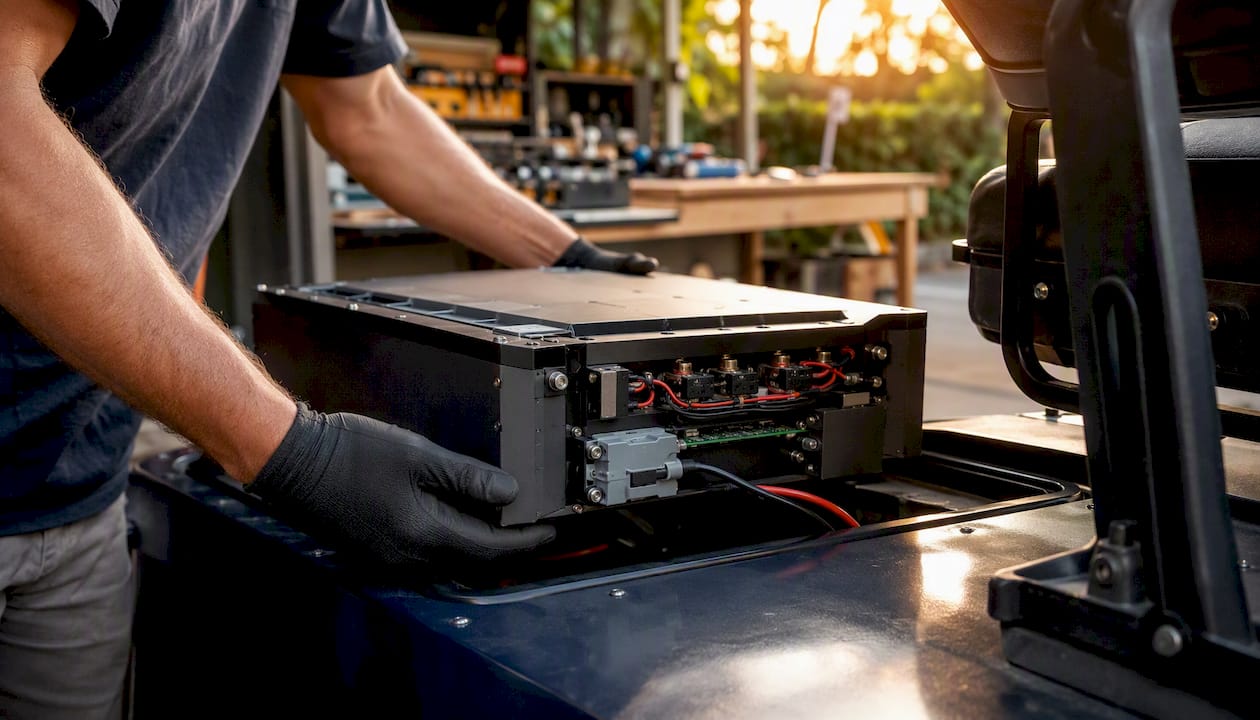 Hands installing lithium golf cart battery pack
