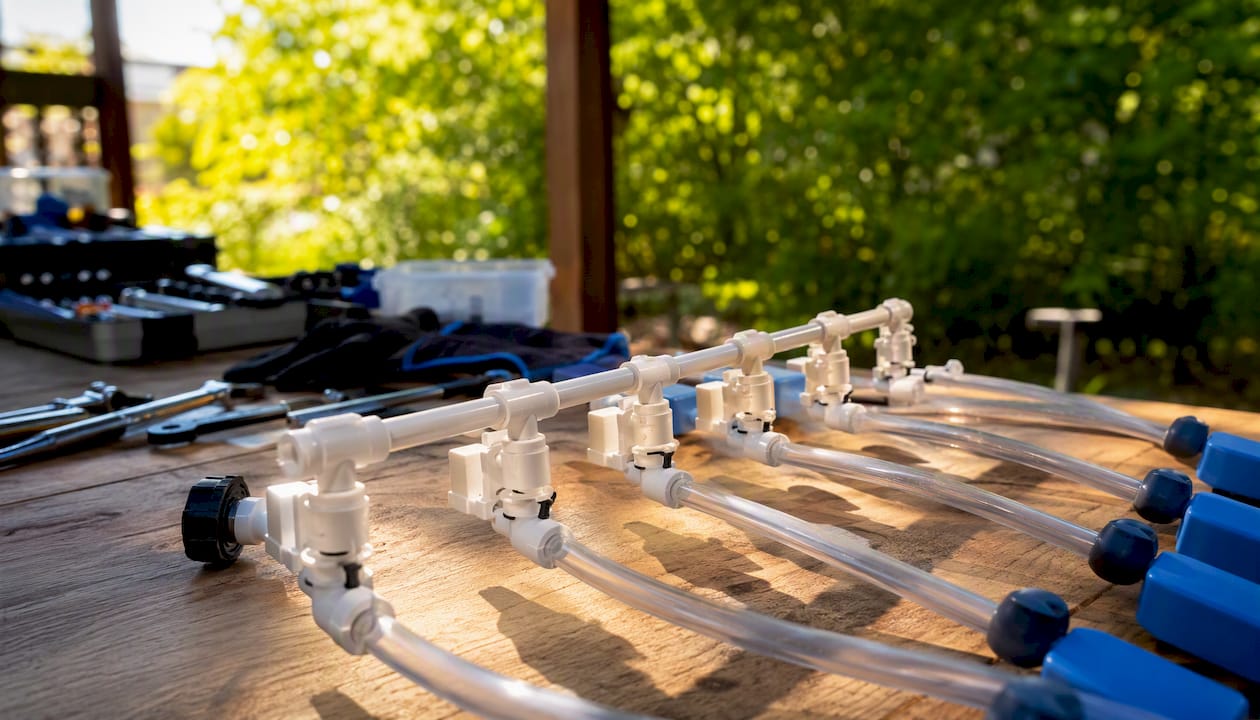 Battery watering manifold and tubing laid out