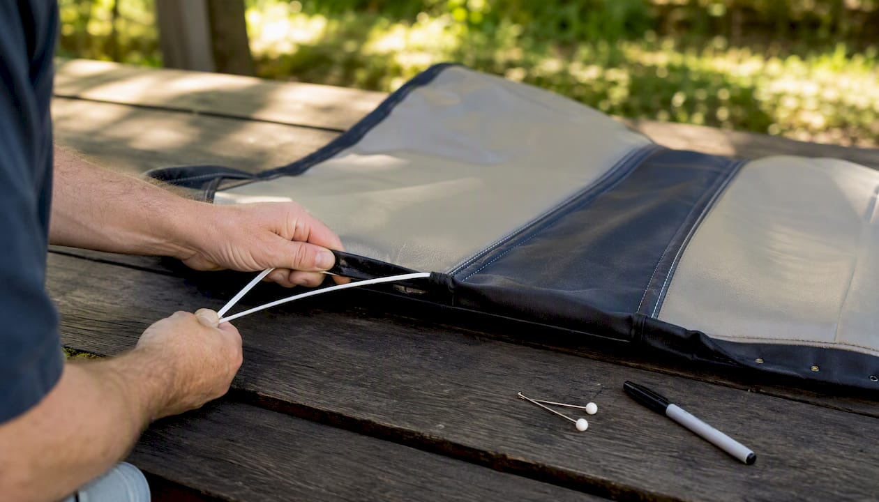 Hands threading elastic on golf cart seat cover hem
