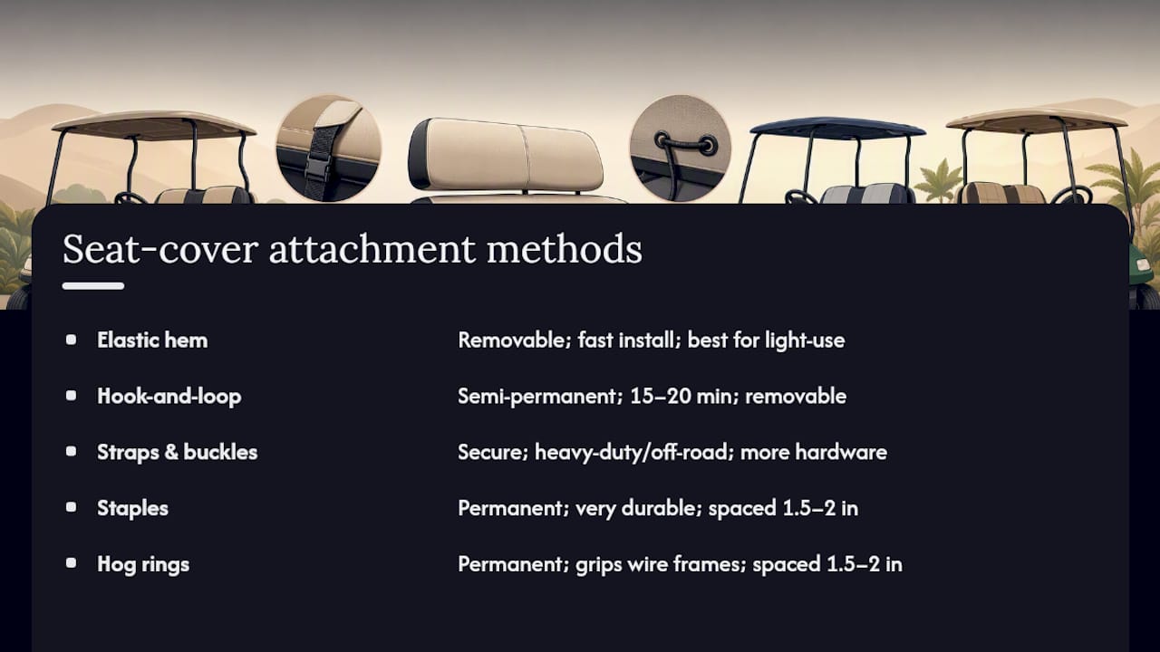 Comparison of golf cart seat cover attachment methods