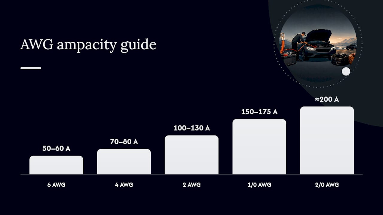 Diagram showing battery cable gauge and ampacity considerations