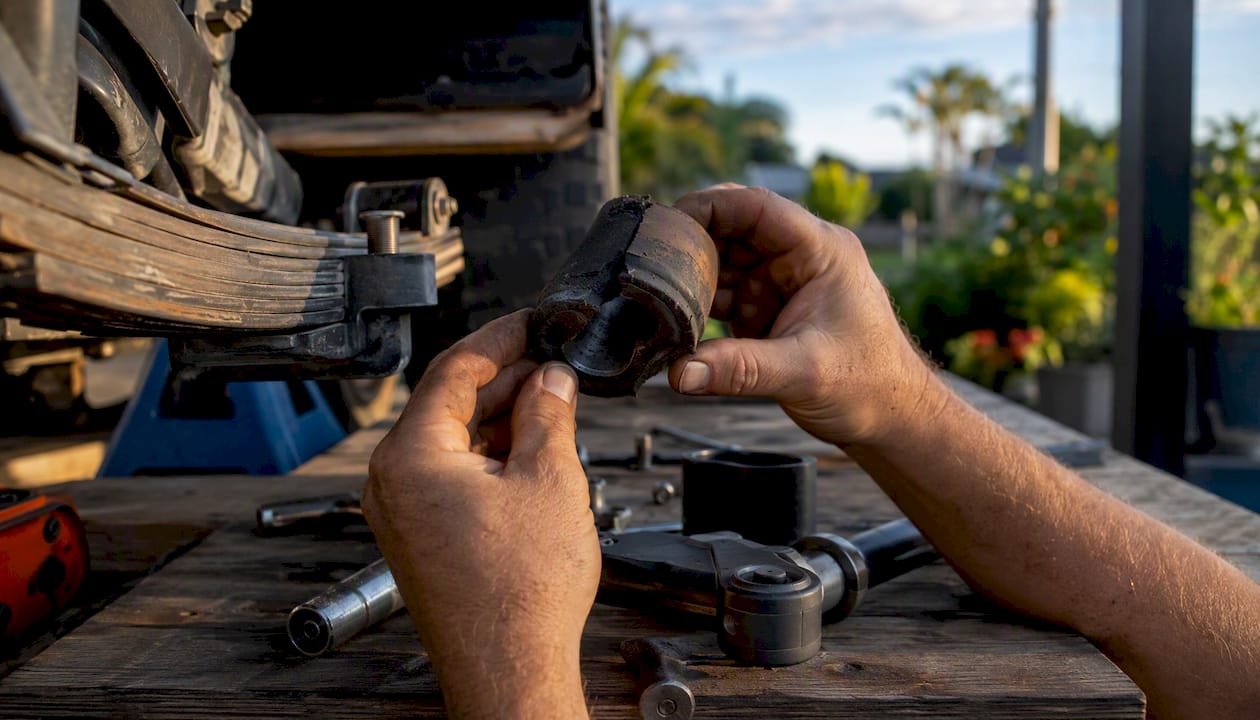 Hands inspecting worn leaf spring bushing