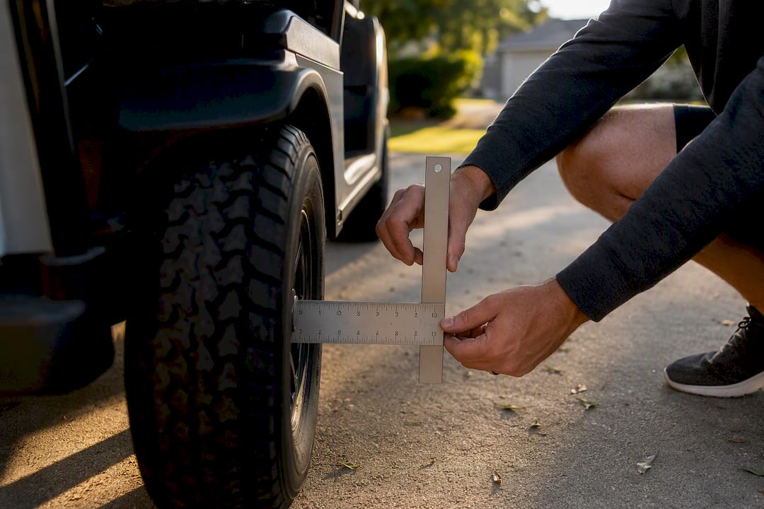 Framing square measuring golf cart tire camber