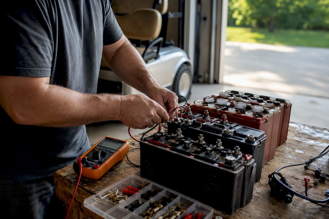 Hands testing golf cart battery cells and wiring