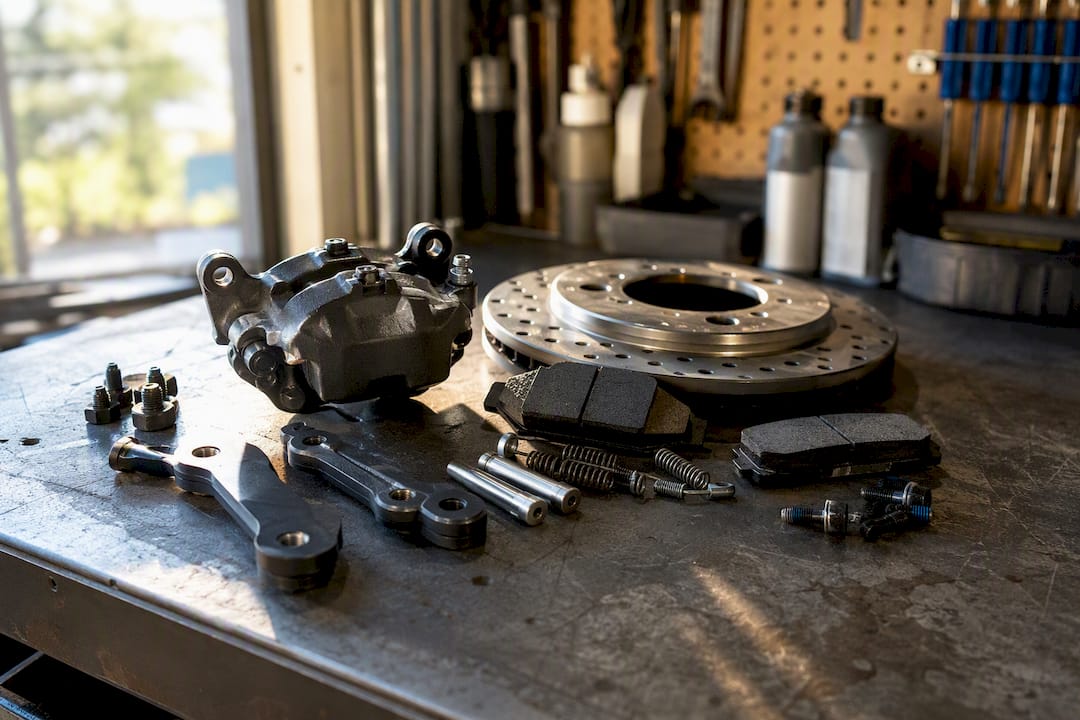 Mechanical disc brake parts on workbench