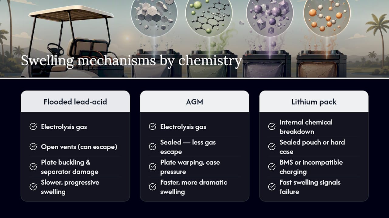 Battery swelling mechanisms across three chemistries