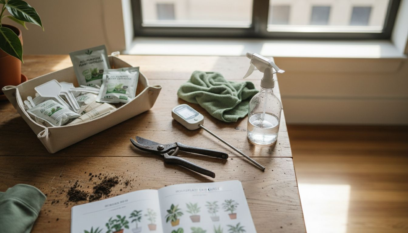 Indoor plant maintenance tools arranged on table