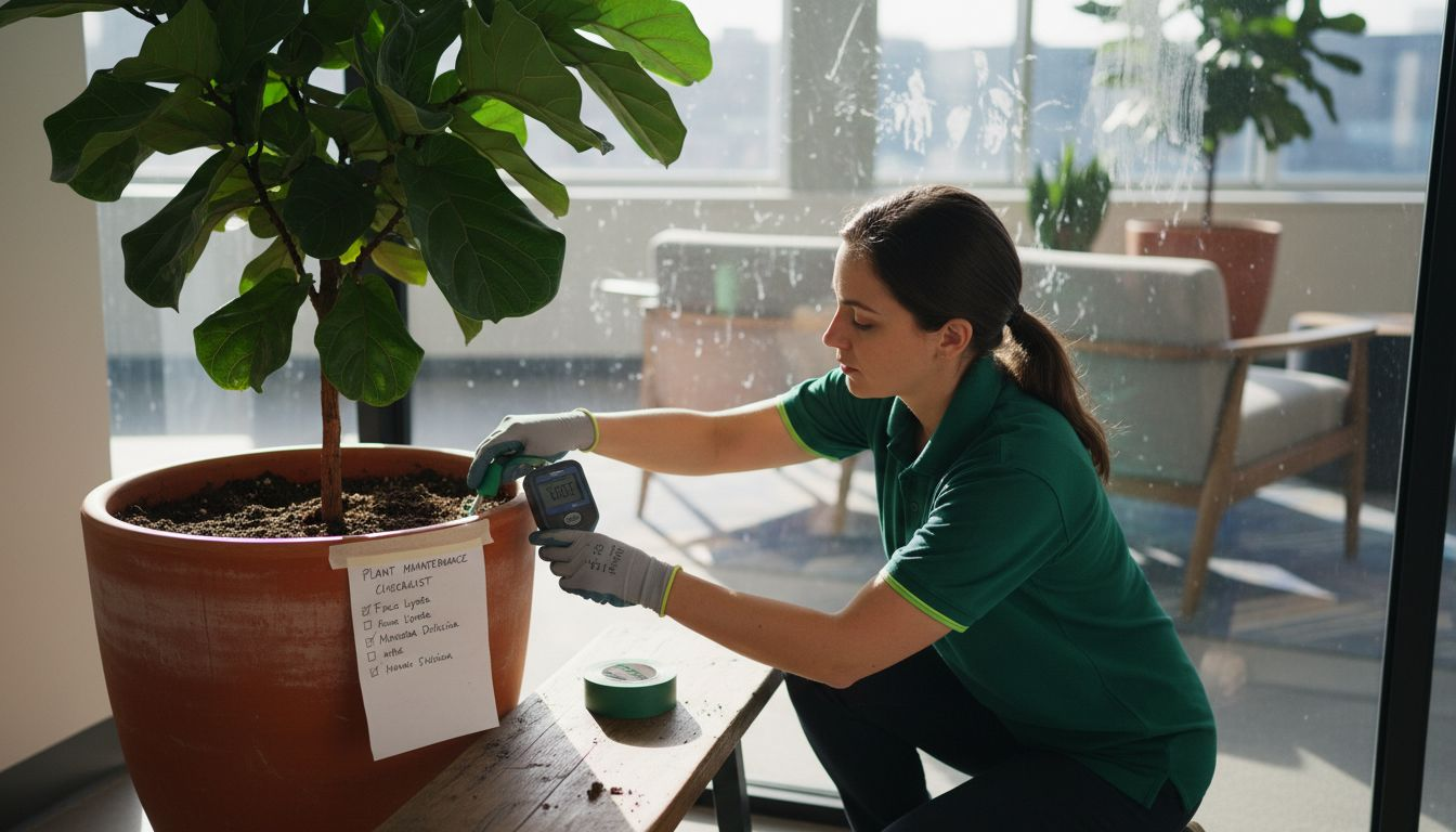 Technician checking office plant health and containers