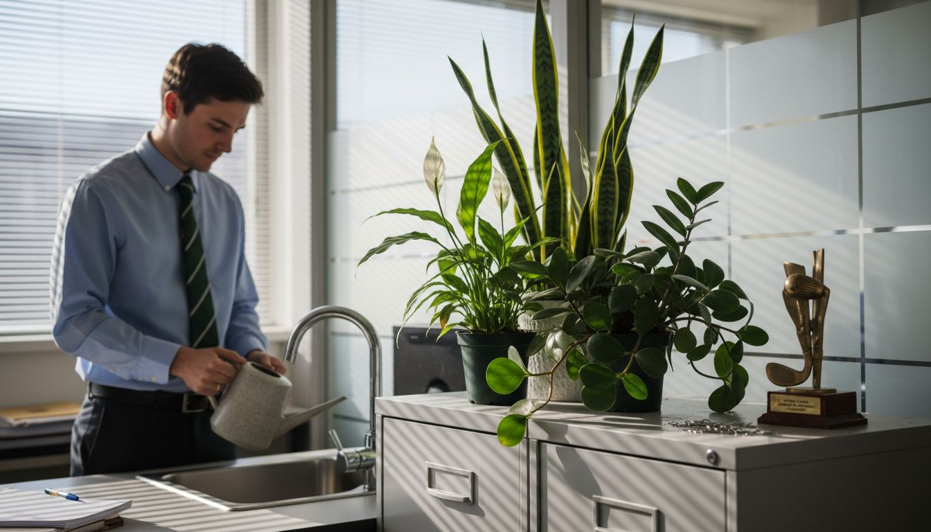 Various office plants by cabinet and coworker