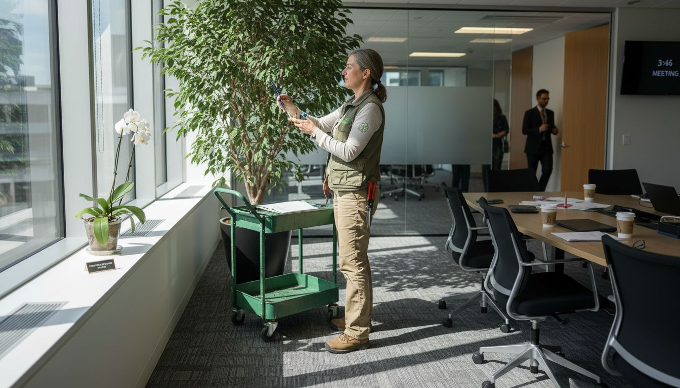 Horticulturist tending plants in commercial space
