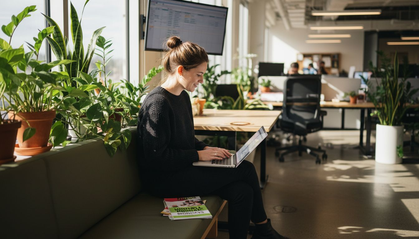 Employee working beside leafy office plants