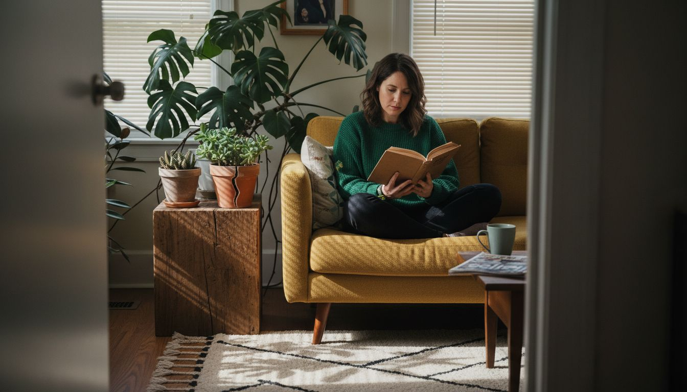 Living room with indoor plants and person reading