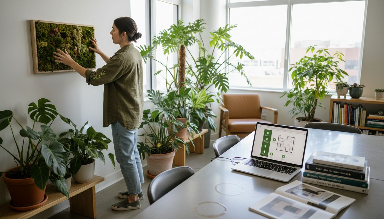 Designer arranging plants in office space