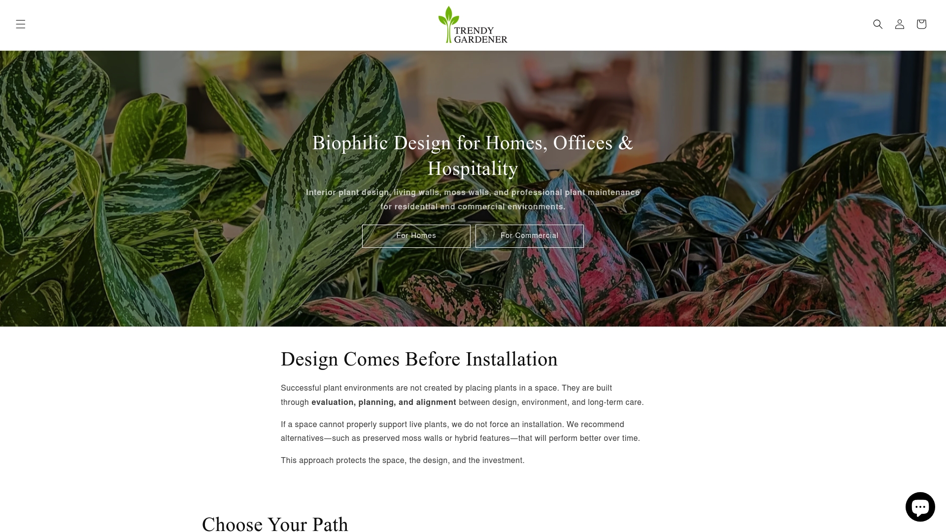 Product Screenshot of Trendy Gardener's home page featuring living walls, moss wall, custom indoor plant design, rare plants and imported vessels from all over the world.