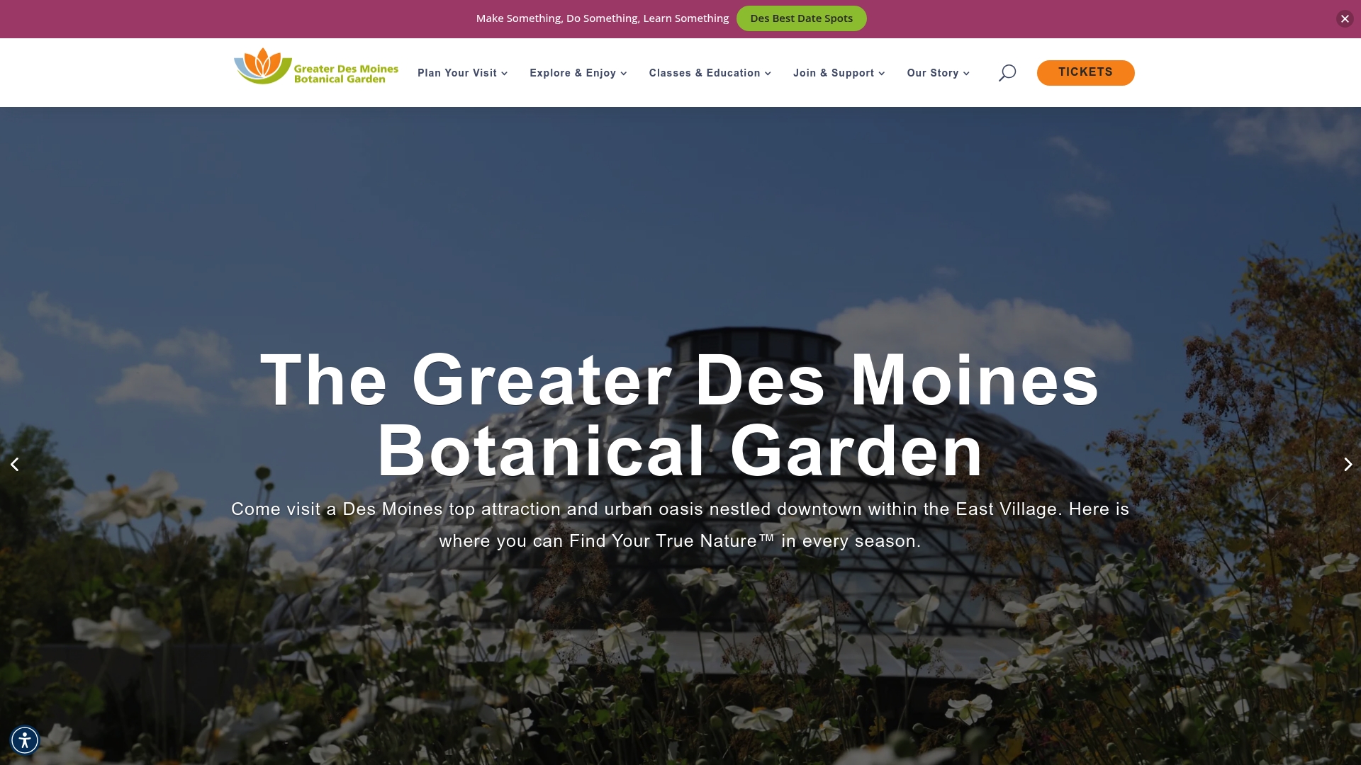 Product Screenshot the Greater Des Moines Botanical Garden homepage.