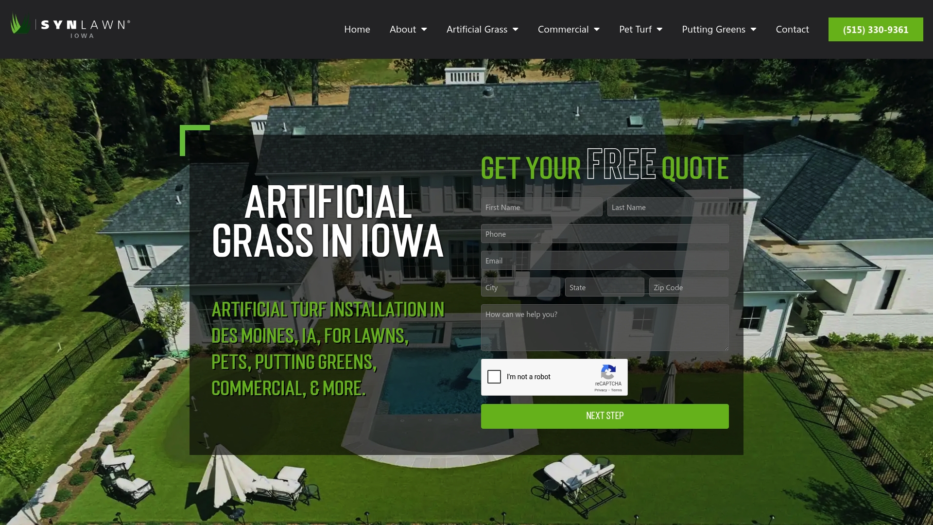 Product Screenshot of SYNLawn Iowa home page featuring a large home with very green grass.