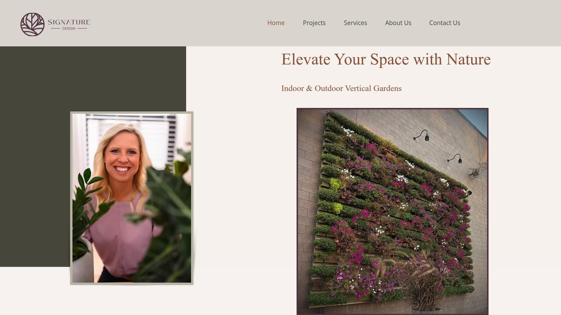 Product Screenshot of Signature Design homepage featuring the owner and plants.