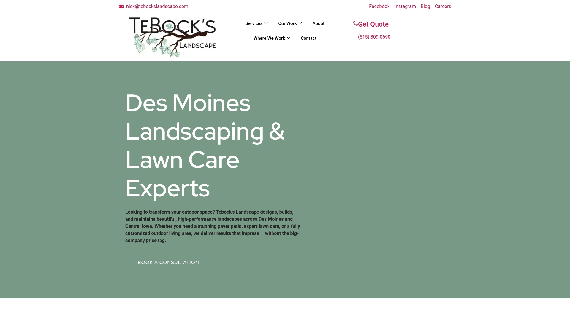 Product Screenshot of Tebock's Landscaping's homepage.