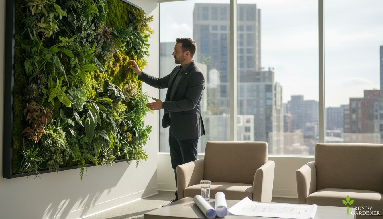 Manager inspecting living wall in office lounge