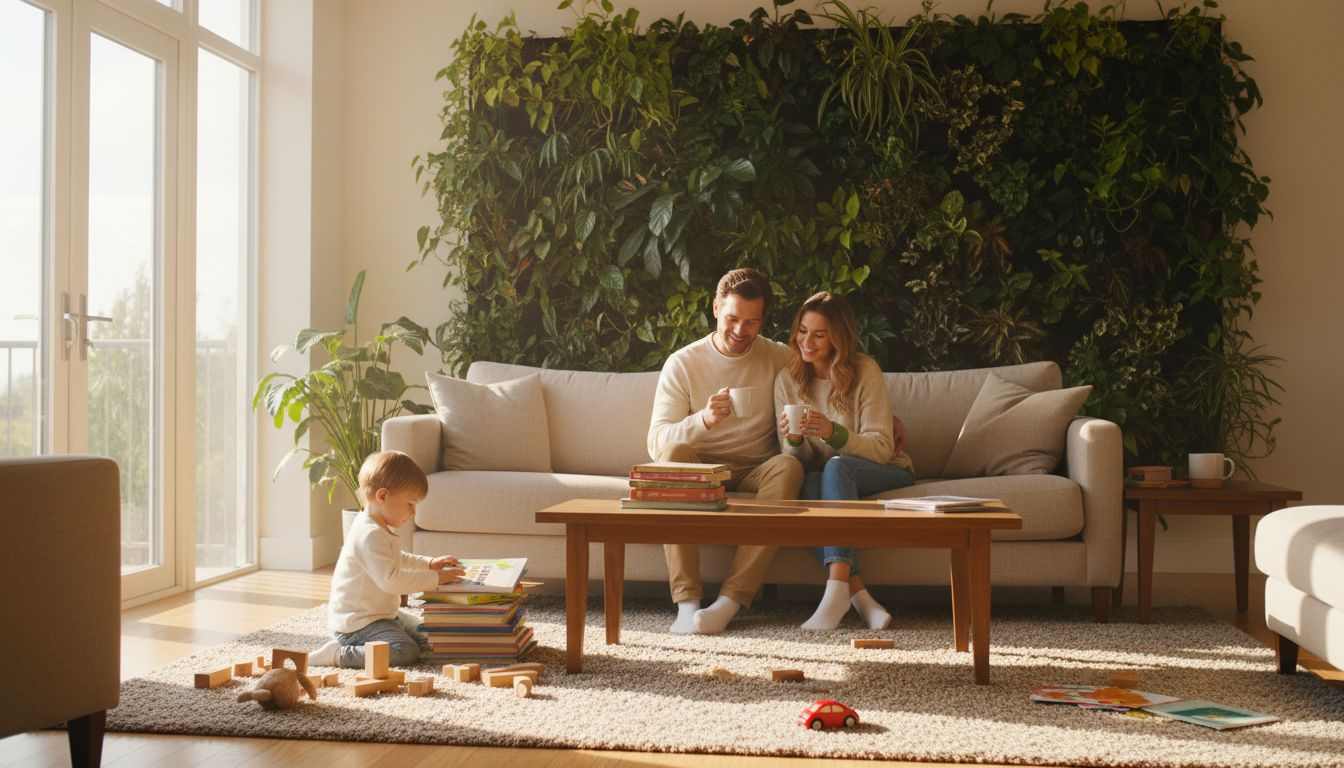 Family relaxing near indoor living wall