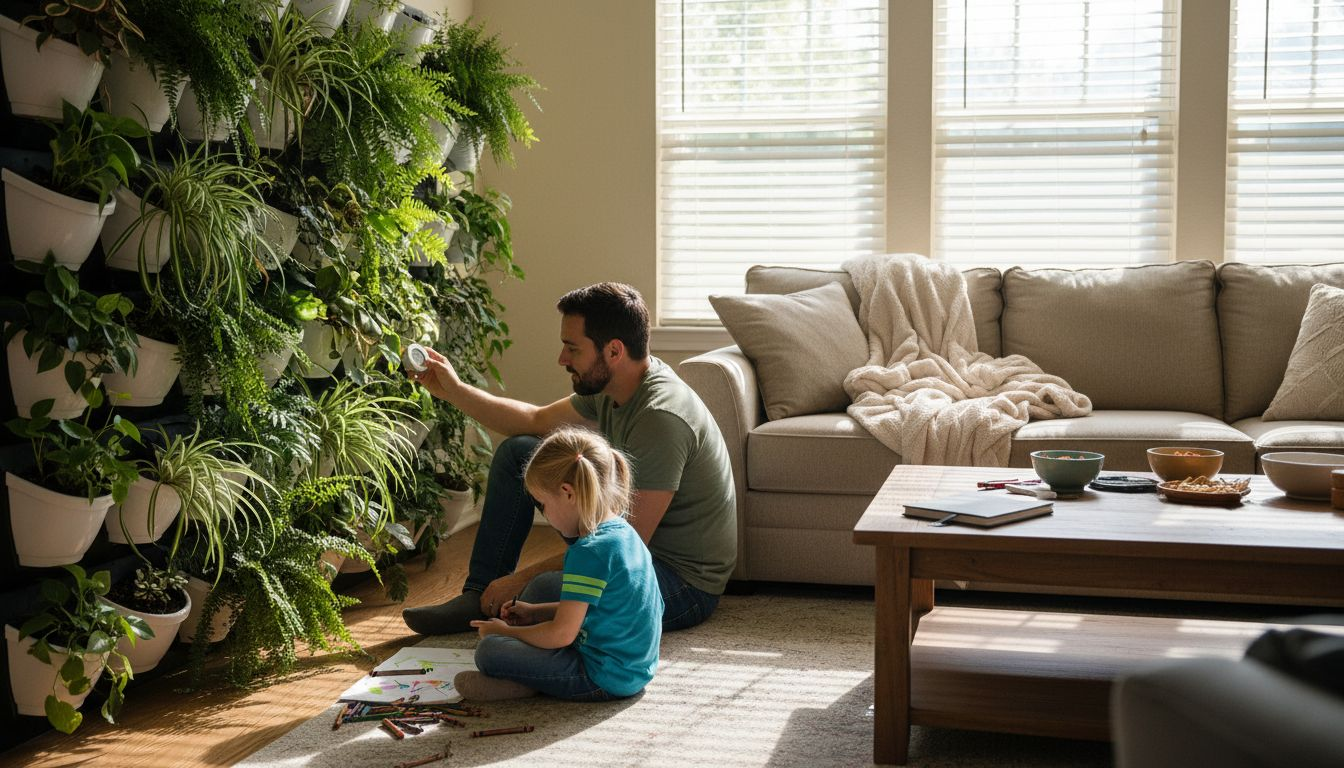 Family relaxing by living wall in home