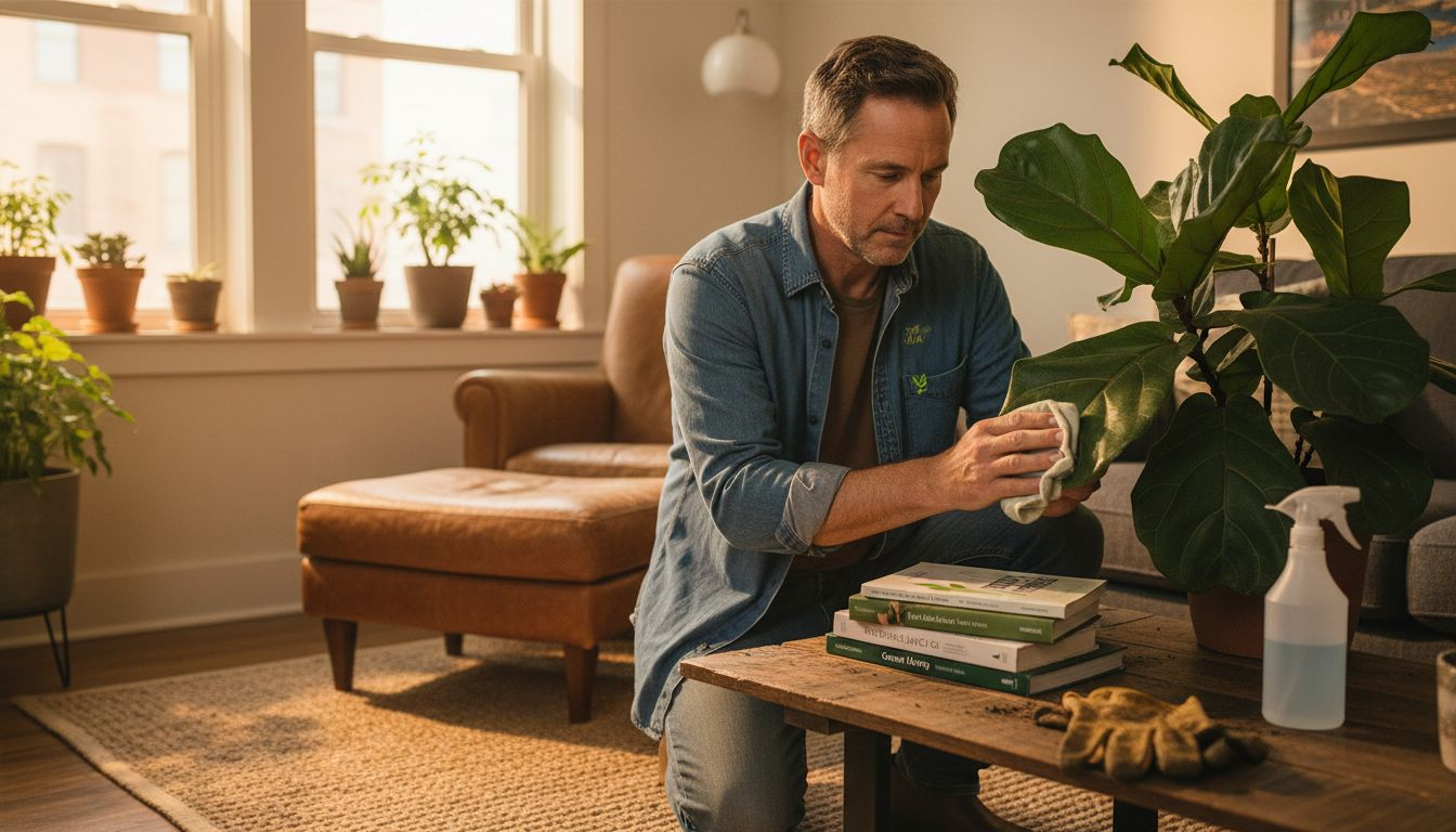 Person cleaning leaves of indoor plant