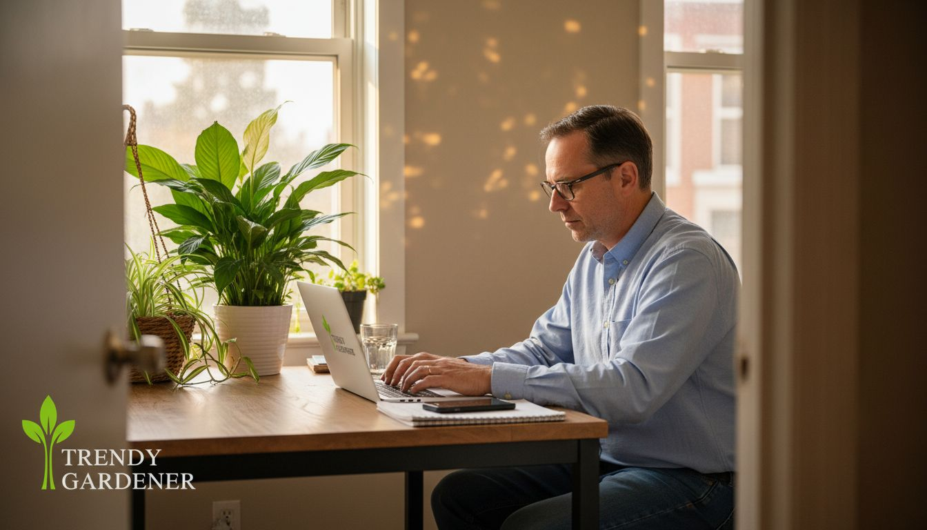 Employee working near peace lily in meeting room