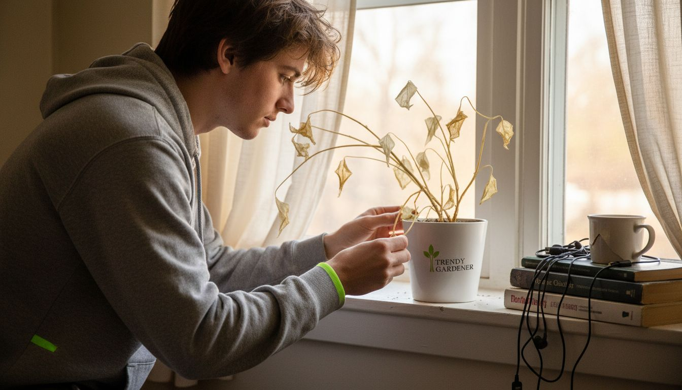 Examining pale houseplant in low light setting