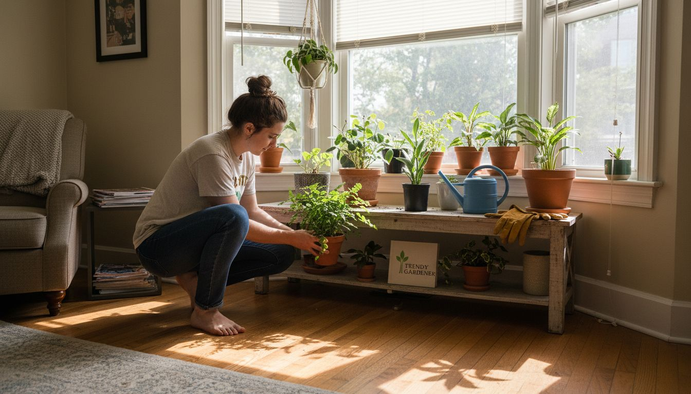 Couple arranging houseplants by window
