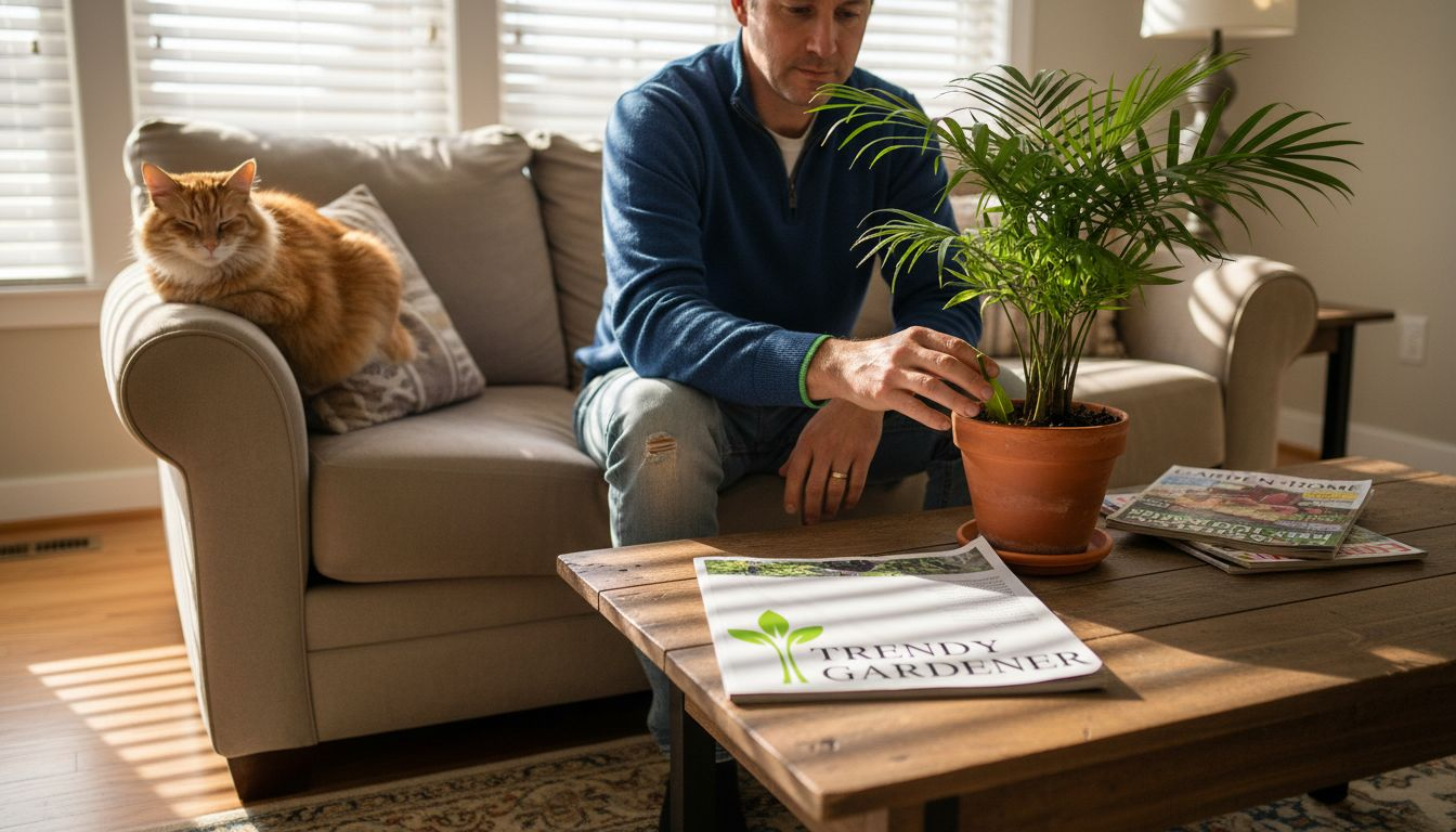Person interacting with parlor palm at home