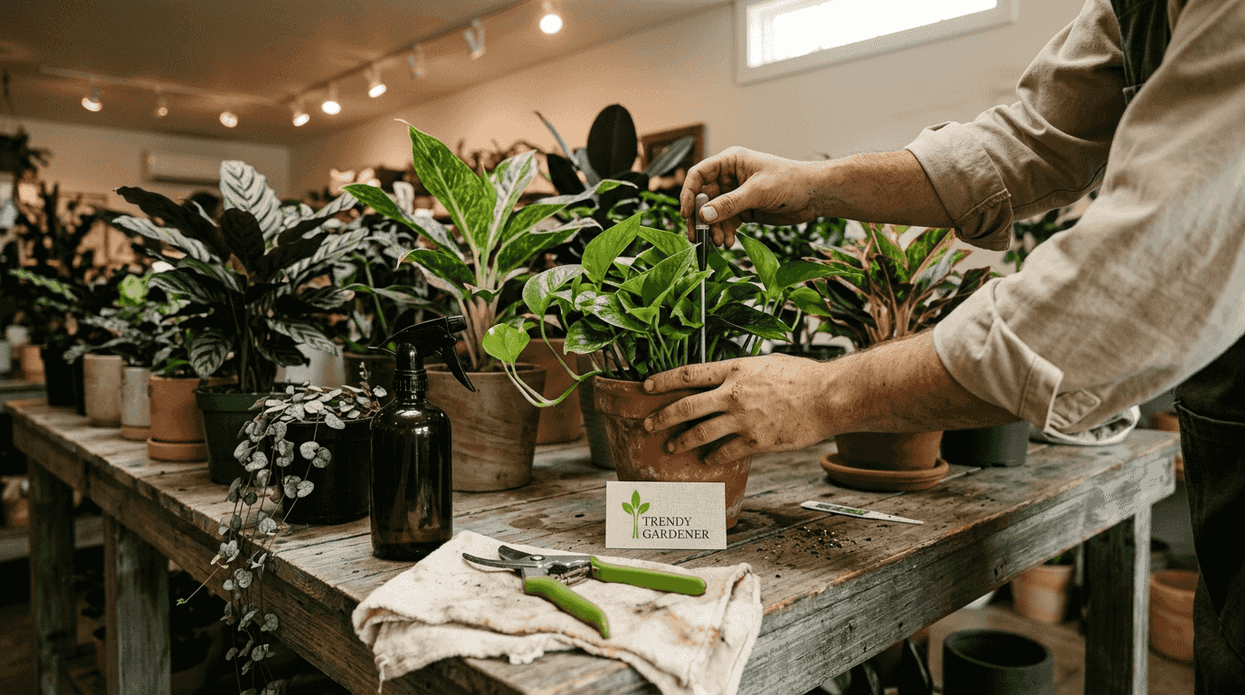 Store worker checking plant moisture level in shop