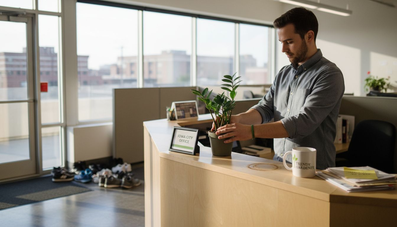 Employee positioning plant in office reception